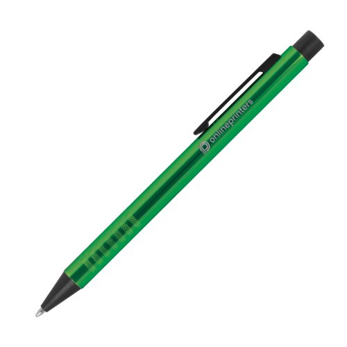 Bolgrafo de metal verde con clip y mecanismo de pulsacin.