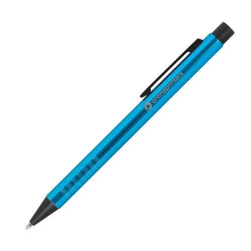 Bolgrafo de metal turquesa con diseo y clip.