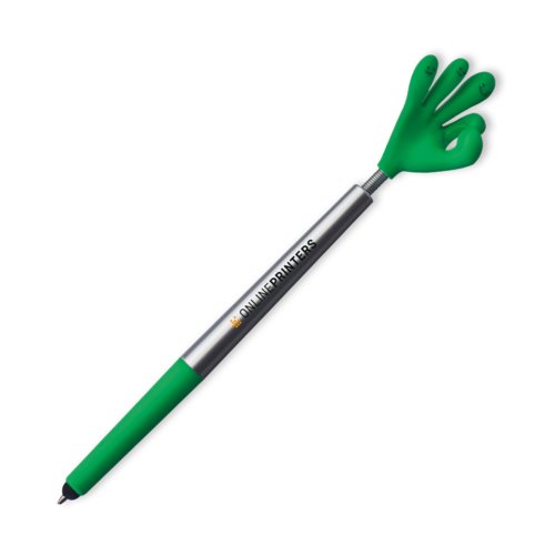 Bolgrafo de plstico verde con diseo de mano y mecanismo de pulsacin.