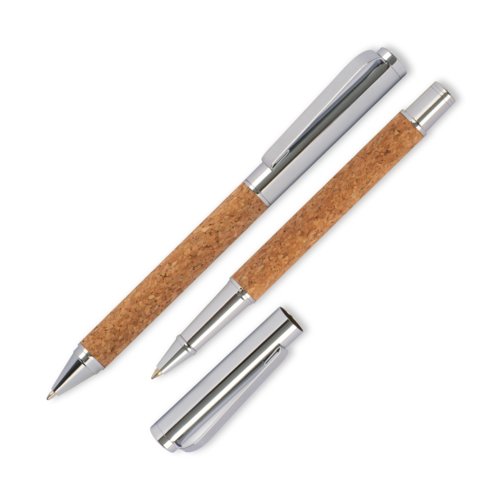 Juego de escritura de corcho marrn con bolgrafo y roller.