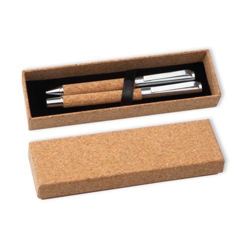 Set de escritura de corcho marrn con bolgrafo y estuche.
