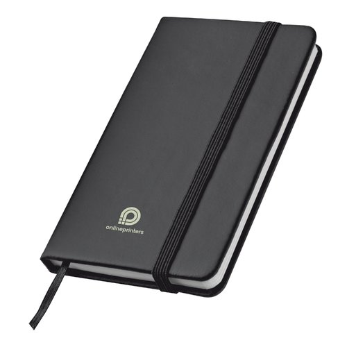 Cuaderno negro con goma elstica y cinta marcapginas.