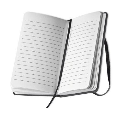 Cuaderno negro con cinta marcapginas.