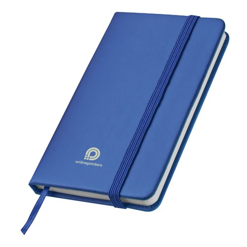 Cuaderno azul con goma elstica y marcapginas de cinta.