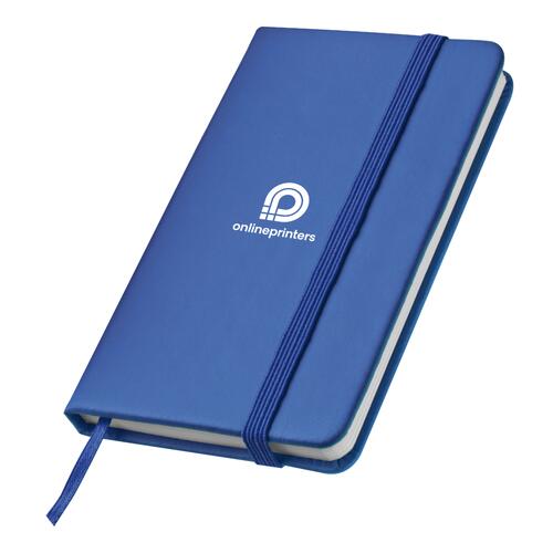 Cuaderno azul con goma el�stica y marcap�ginas de cinta.