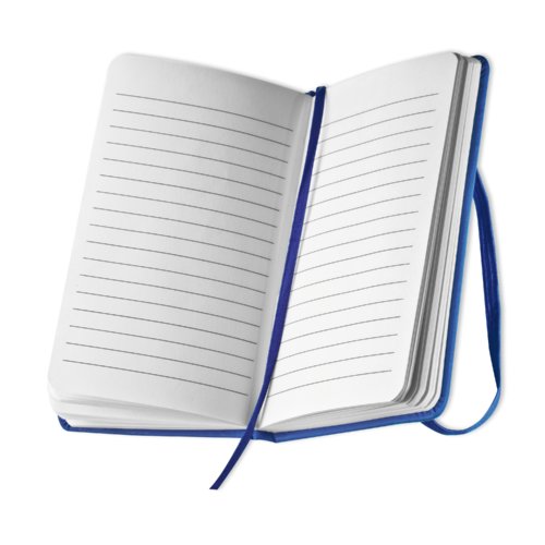 Cuaderno azul con goma elstica y marcapginas de cinta.