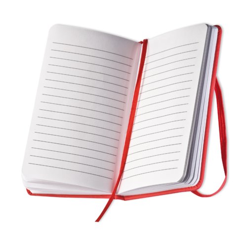 Cuaderno rojo con pginas rayadas y cinta marcapginas.