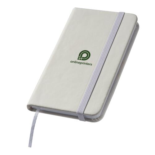 Cuaderno blanco con goma el�stica y marcap�ginas de cinta.