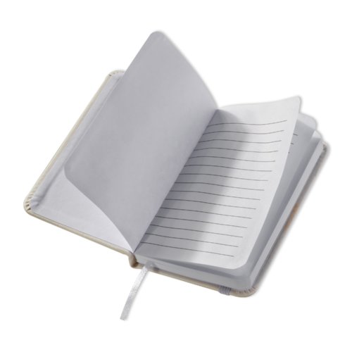 Cuaderno blanco con tapa dura y marcapginas.