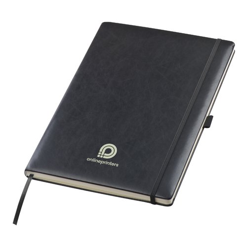 Cuaderno negro con cierre elstico y marcapginas de cinta.