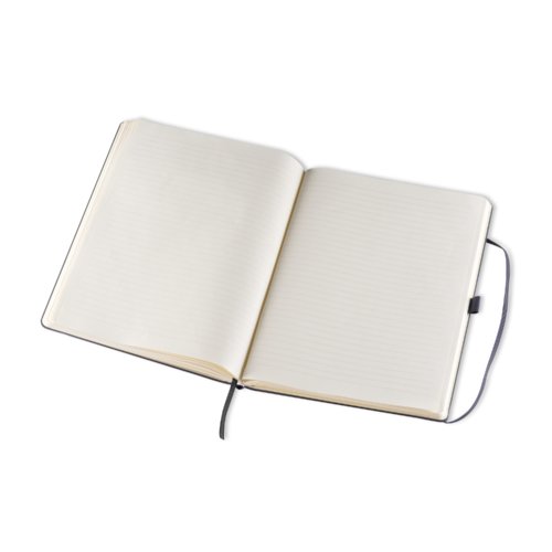 Cuaderno negro con tapa dura y marcapginas.