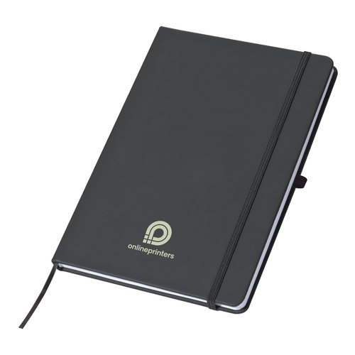 Cuaderno gris con goma elstica y marcapginas de cinta.
