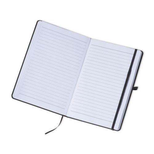 Cuaderno negro con goma elstica y cinta marcapginas.