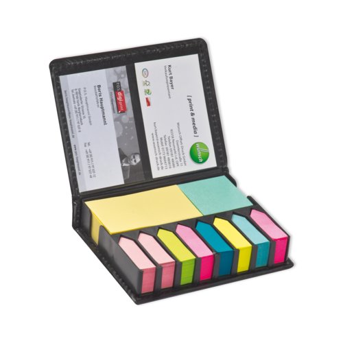 Set de marcadores adhesivos negros con notas adhesivas y tarjetero.
