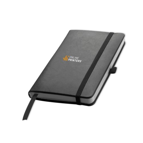 Cuaderno negro con cierre elstico y marcapginas de cinta.
