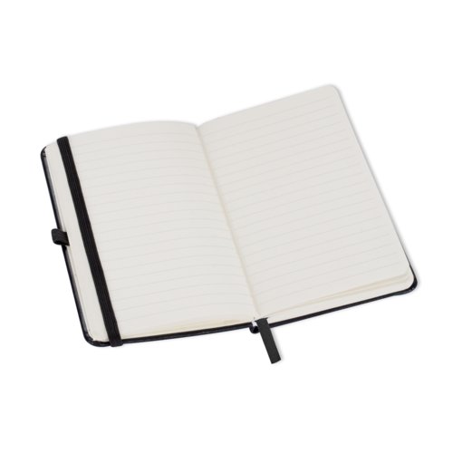 Cuaderno negro con cierre elstico y marcapginas.