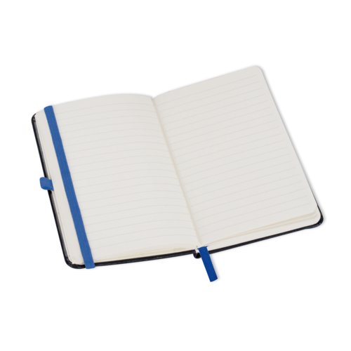 Cuaderno azul con goma elstica y pginas rayadas.