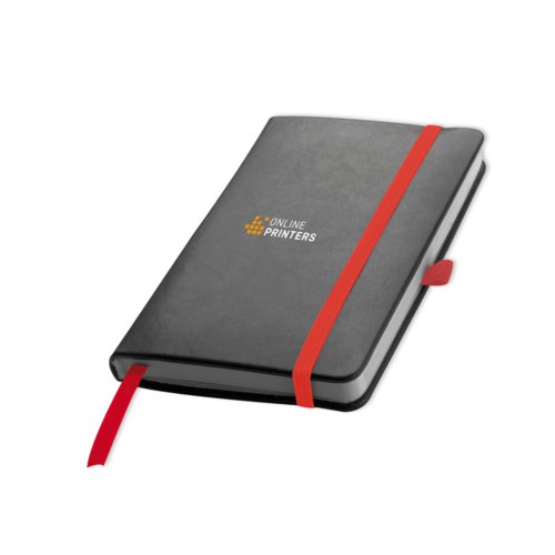 Cuaderno rojo con goma el�stica y cinta marcap�ginas.
