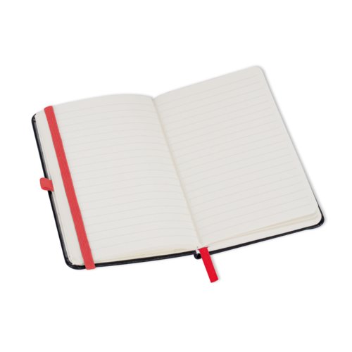 Cuaderno rojo con cierre elstico y marcapginas.