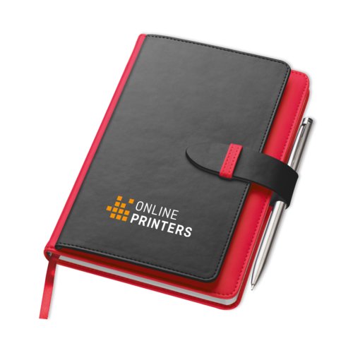 Cuaderno rojo con cinta de cierre.