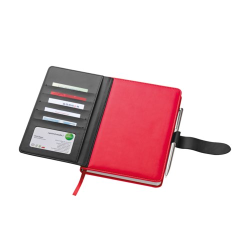 Cuaderno rojo con bolsillos y portalpices.