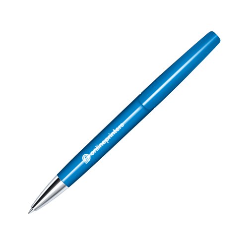 Bolgrafo azul con punta de metal y mecanismo giratorio.