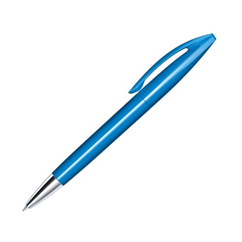 Bolgrafo azul de plstico con punta de metal y clip.