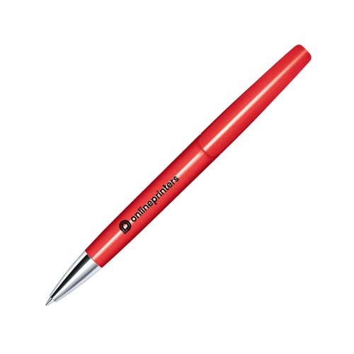 Bolgrafo giratorio de plstico rojo con punta de metal.