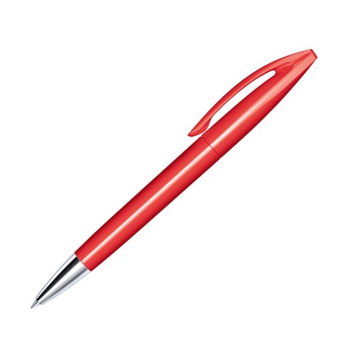 Bolgrafo rojo de plstico con detalles metlicos y clip.