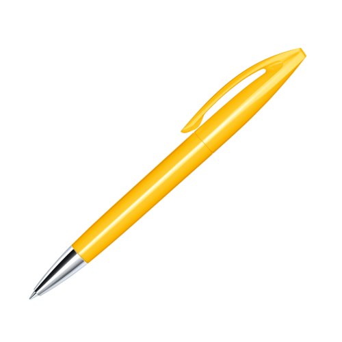 Bolgrafo amarillo de plstico con punta de metal y clip.