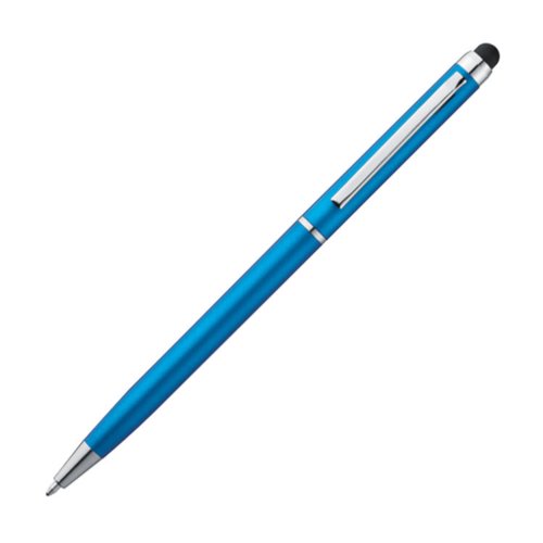 Bolgrafo de metal azul claro con funcin tctil y clip.