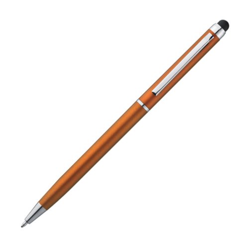 Bolgrafo naranja de metal con funcin tctil y clip.