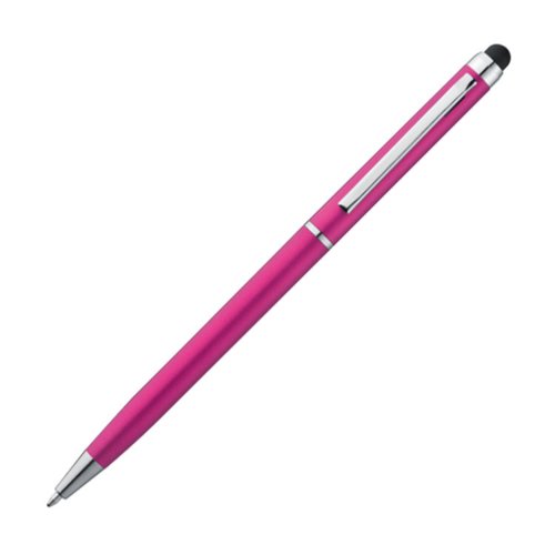 Bolgrafo rosa de metal con funcin tctil y clip.