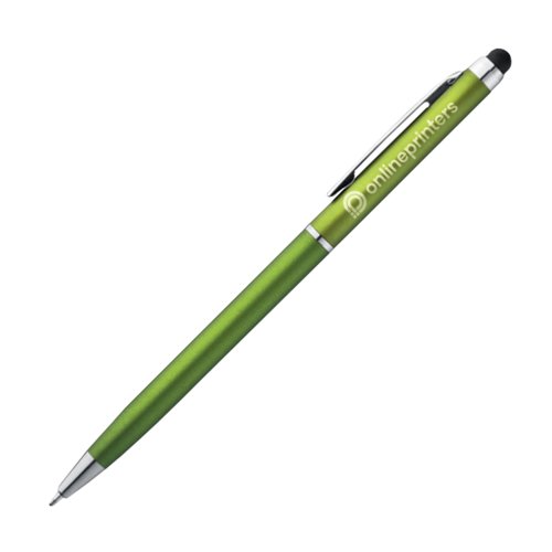 Bolgrafo de metal verde manzana con funcin tctil y clip.
