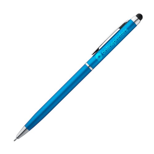Bolgrafo de metal azul claro con funcin tctil y clip.