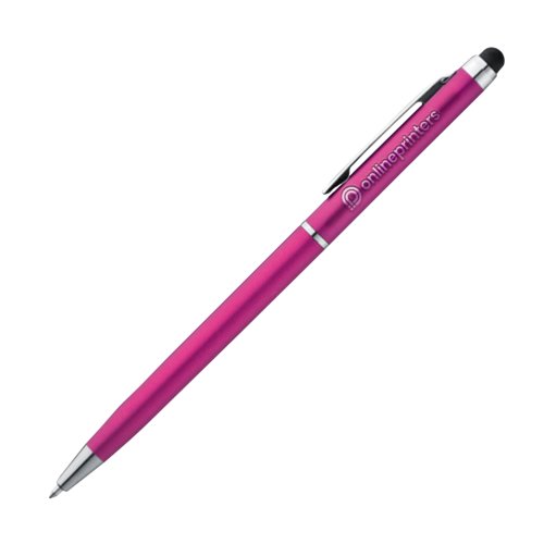 Bolgrafo de metal rosa con funcin tctil y clip.