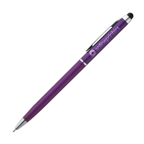 Bolgrafo de metal violeta con funcin tctil y clip.