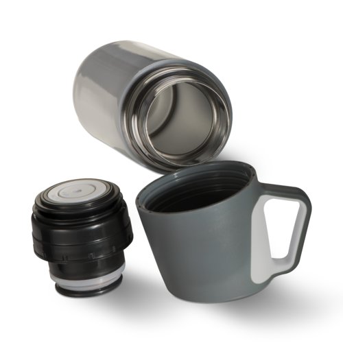 Botella termo de metal gris con taza desmontable.