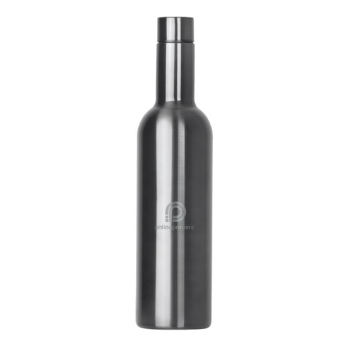 Botella termo de metal gris con tapn de rosca.