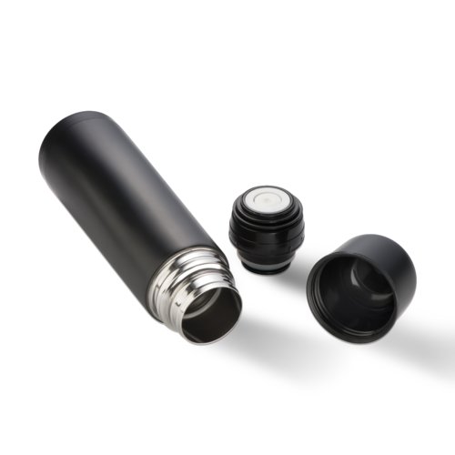 Termo negro de acero inoxidable con tapn de rosca.