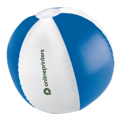Pelota de playa azul de plstico con diseo multicolor.