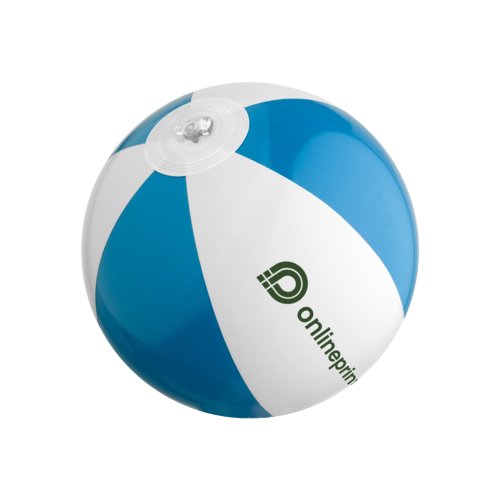 Pelota de playa azul de plstico con vlvula de aire.