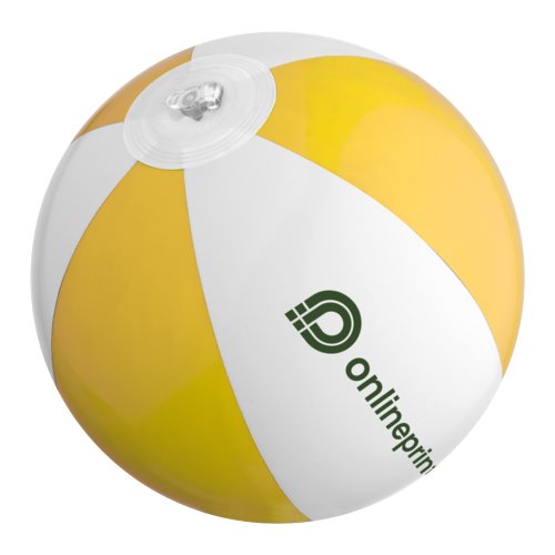 Pelota de playa amarilla de plstico con vlvula inflable.