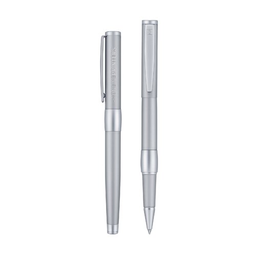 Rollerball de metal plateado con tapa y clip.