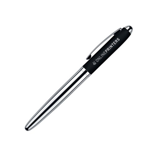 Bol�grafo roller de pl�stico negro con elementos met�licos y tacto suave.
