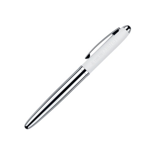 Bol�grafo roller blanco con elementos de metal y superficie suave.