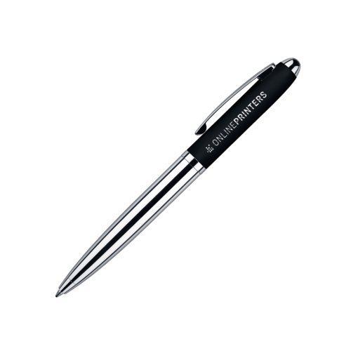 Bol�grafo giratorio negro con elementos de metal y acabado suave al tacto.