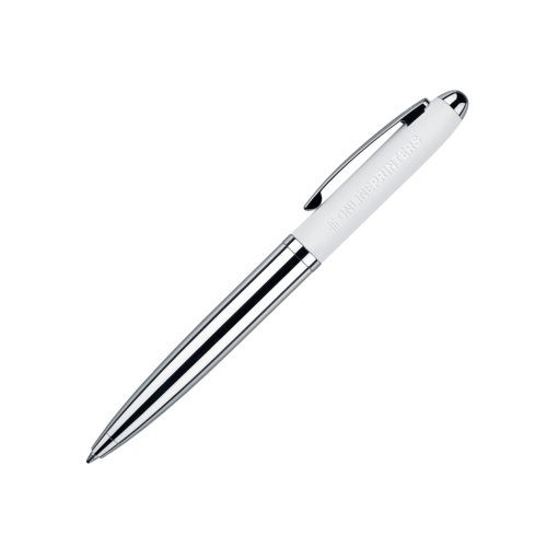 Bol�grafo giratorio blanco con superficie de tacto suave y clip.