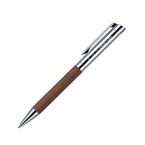 Bol�grafo de madera con mecanismo de giro y clip de metal.
