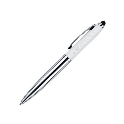 Bol�grafo de metal blanco con panel t�ctil y mecanismo giratorio.